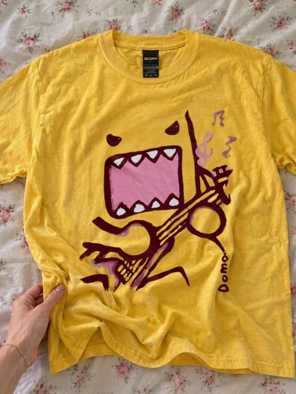 Gildan Yellow Tee with Pink Monster Guitar Graphic